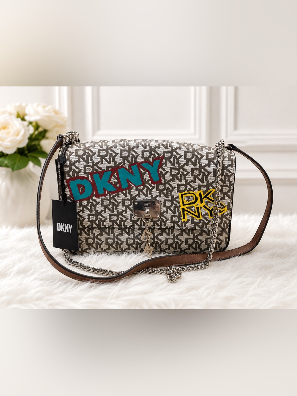 NWT DKNY Cleo Medium Flap Crossbody Bag Monogram Graffiti Print Chain Strap